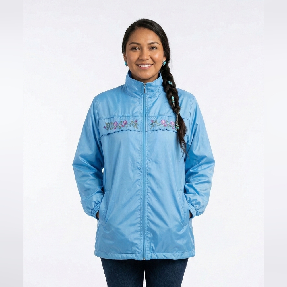 Blair Windbreaker Blue Floral Embroidered Zip Casual M